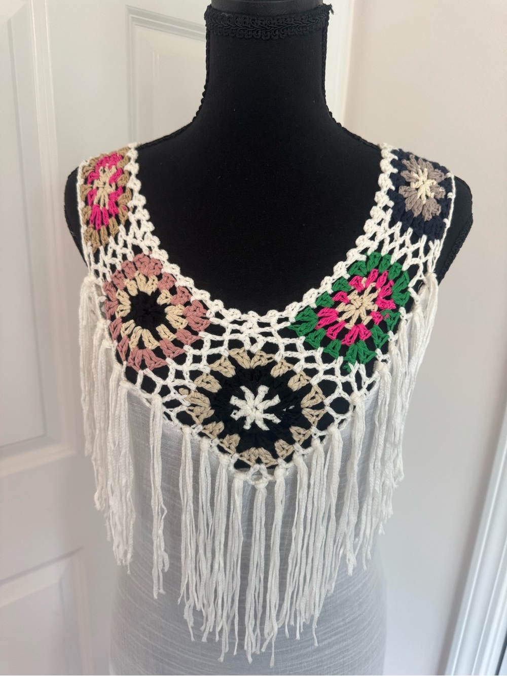 Boho Crochet Granny Square Fringe Dress Sleeveless Festival Beach Cover Up NWT - Picture 3 of 10